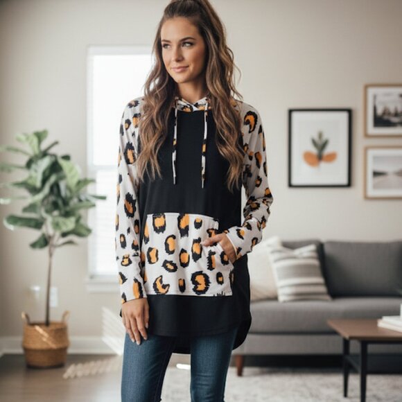 LuLaRoe Leopard & Black Color Block High-Low Hoodie Pullover - M - Picture 1 of 4